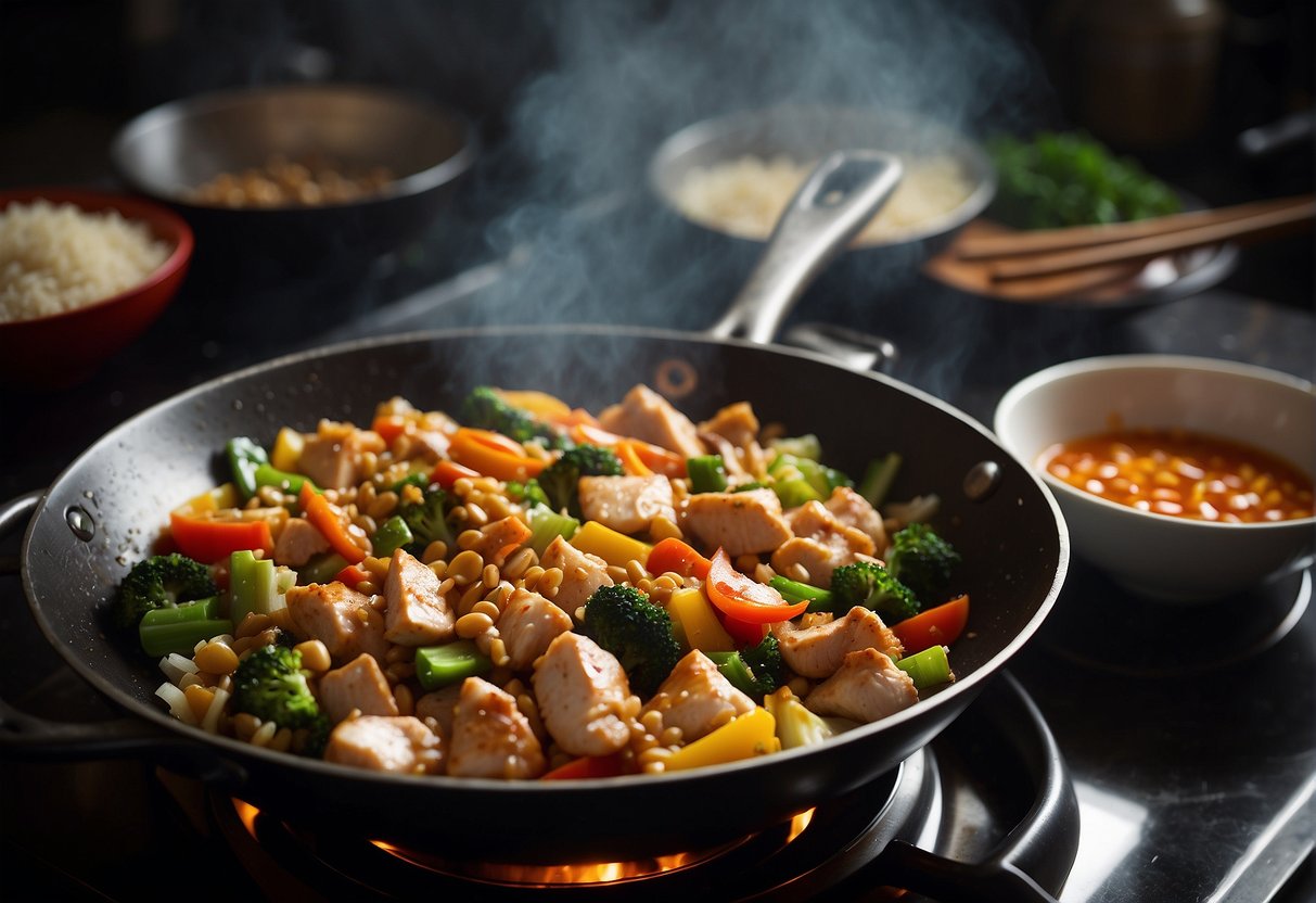A wok sizzles with diced chicken, sizzling in oil. Nearby, a bowl of cooked rice and a medley of colorful vegetables await their turn in the pan. Soy sauce and seasonings sit ready on the counter
