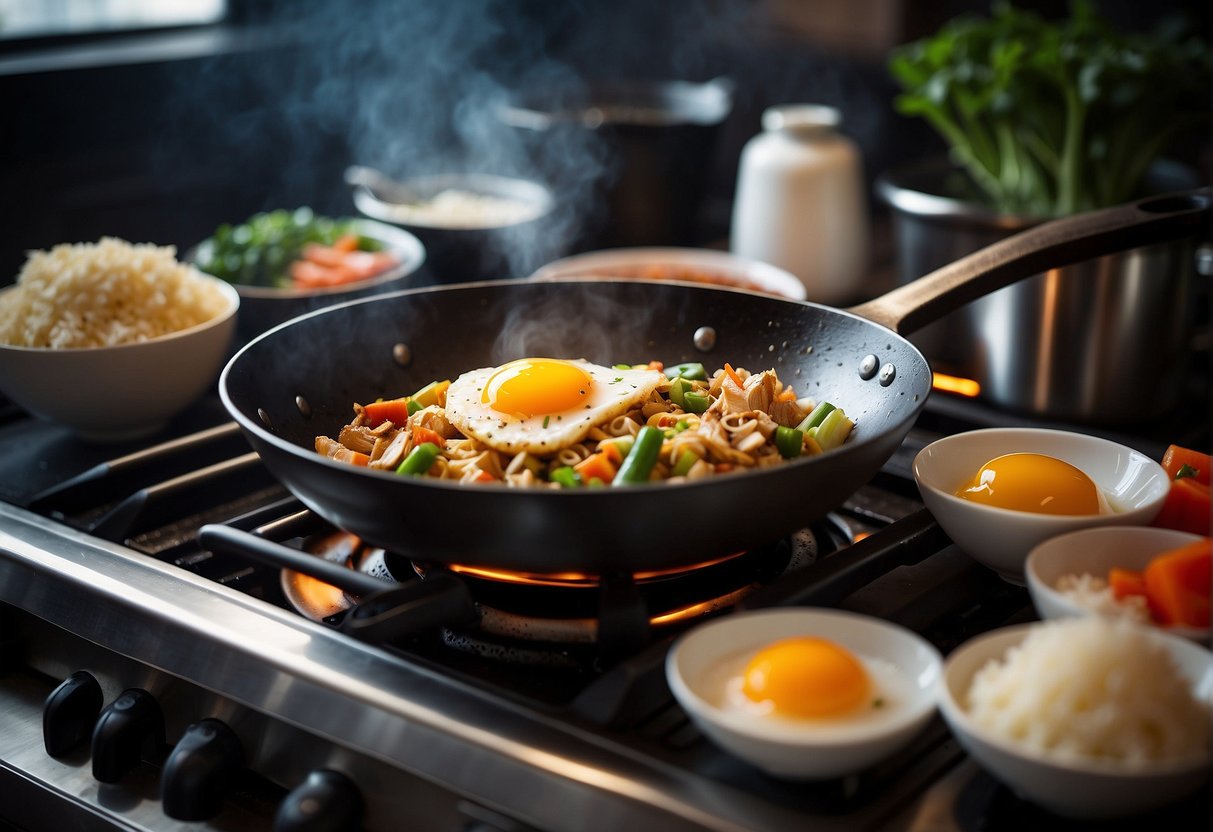 A wok sizzles on a gas stove, filled with diced chicken, vegetables, and rice. A bottle of soy sauce and a bowl of beaten eggs sit nearby