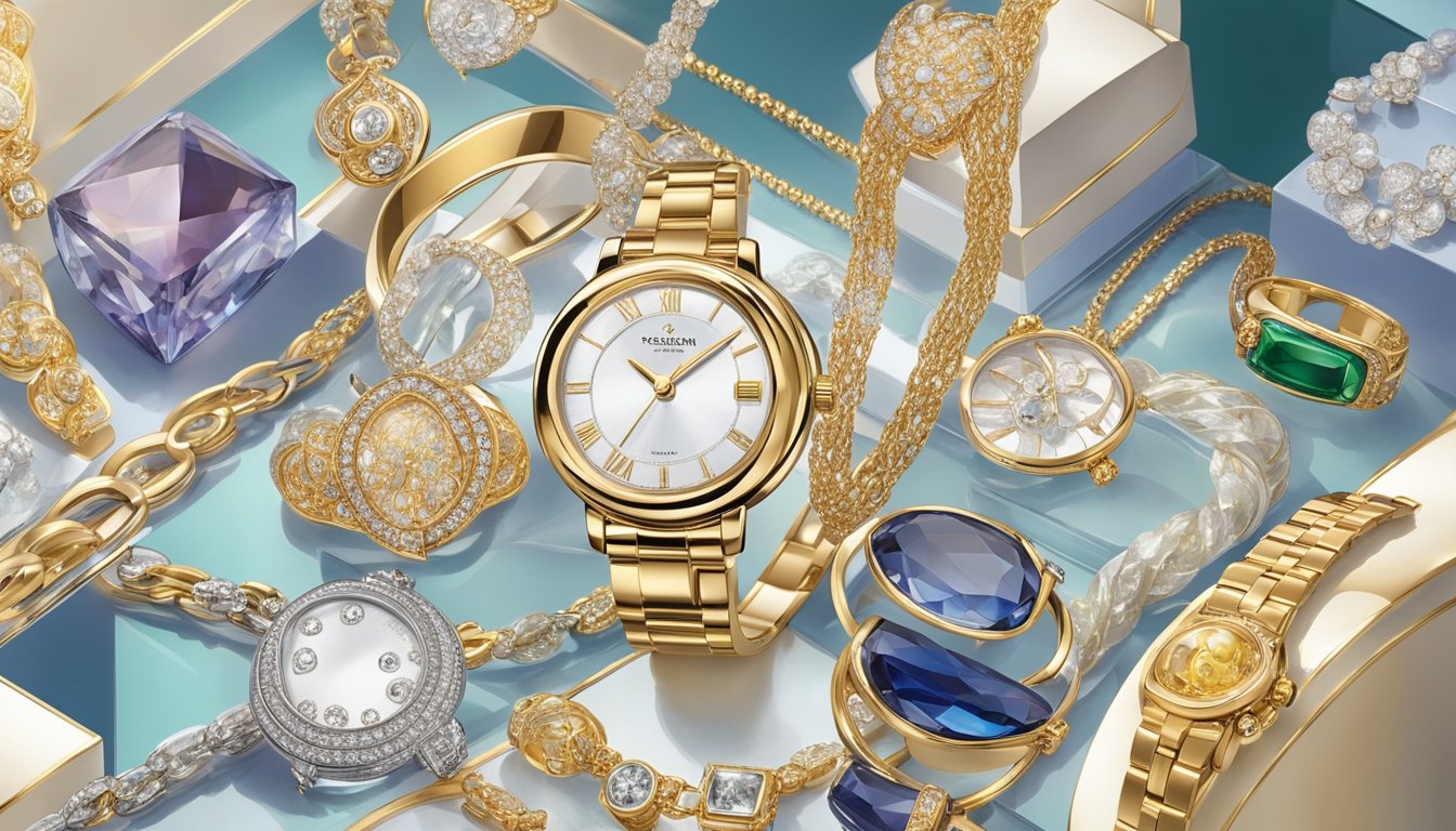 A display of luxurious jewellery and watches from Takashimaya department store brands. Gleaming gemstones and fine metals catch the light in elegant showcases