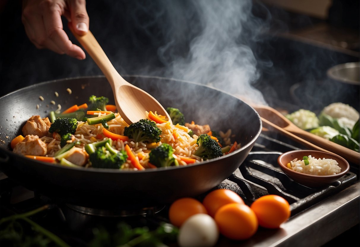 A wok sizzles with rice, chicken, and vegetables. Steam rises as a hand stirs the ingredients with a wooden spatula. Soy sauce and eggs wait nearby