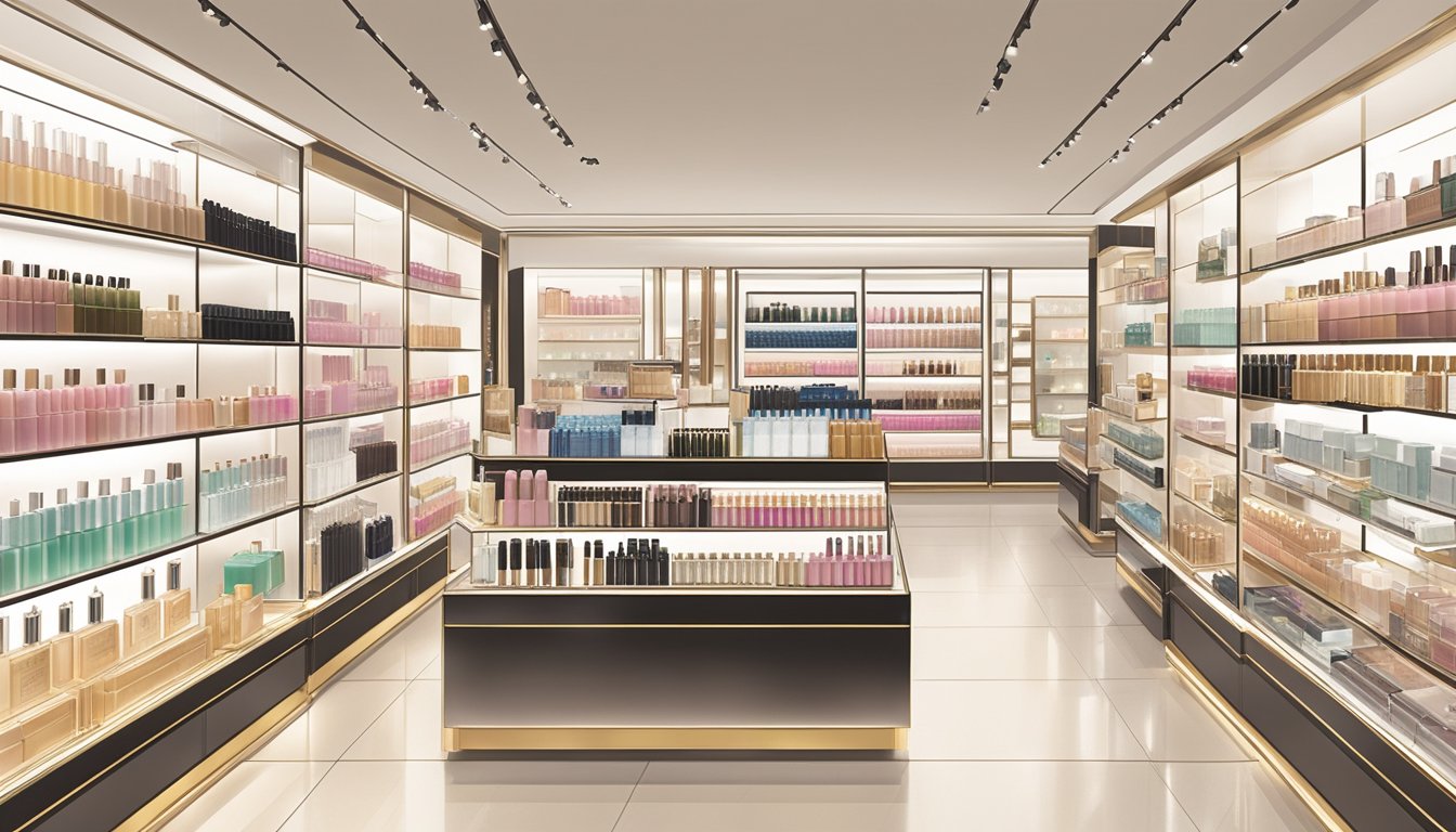 A display of luxurious beauty and cosmetics brands at Takashimaya department store. Shimmering makeup, elegant perfume bottles, and sleek skincare products line the shelves