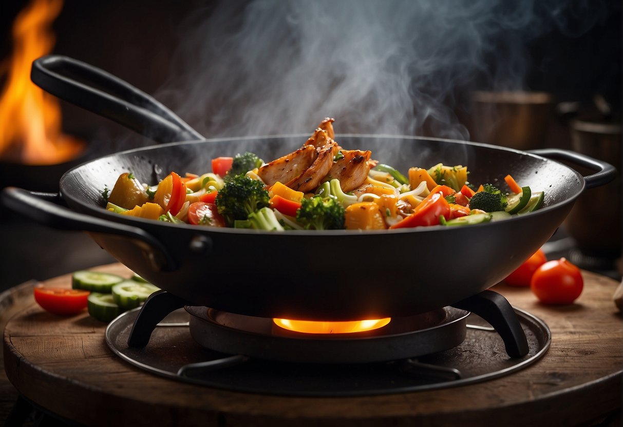 A wok sizzles over a hot flame, as diced vegetables and marinated chicken are tossed together with steaming rice and fragrant Chinese spices