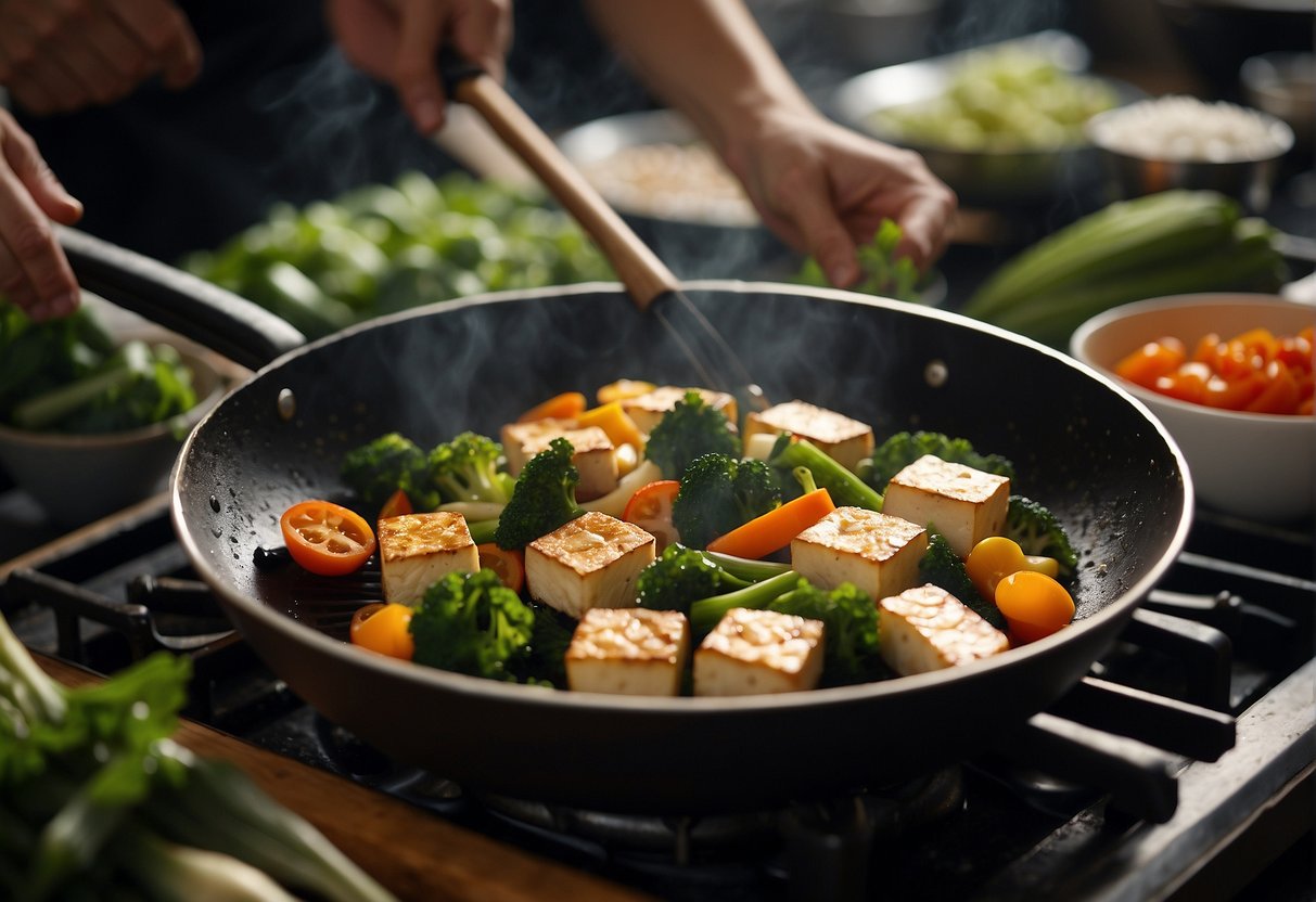 A table filled with fresh vegetables, tofu, soy sauce, ginger, and garlic. A wok sizzling with oil as the chef prepares a Chinese vegetarian fish dish