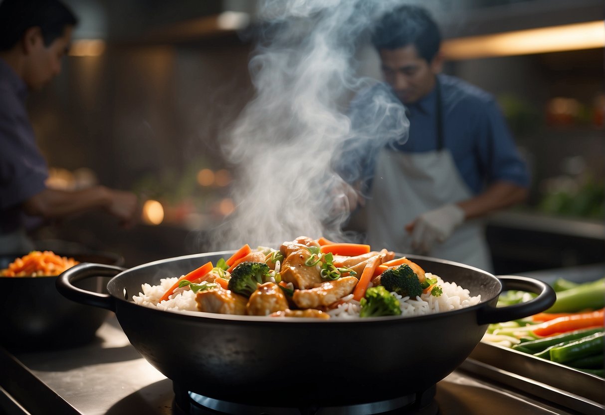 A sizzling wok tosses together tender chicken, fluffy rice, and vibrant vegetables, while aromatic spices fill the air in a bustling Chinese kitchen