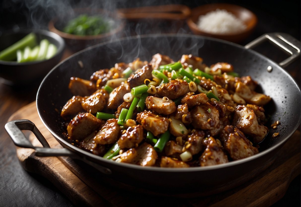 A wok sizzles as chicken gizzards are stir-fried with ginger, garlic, and soy sauce. Green onions and Sichuan peppercorns add color and flavor