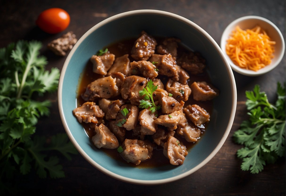 A hand reaches for chicken gizzards in a bowl. A knife slices and prepares the gizzards for a Chinese recipe