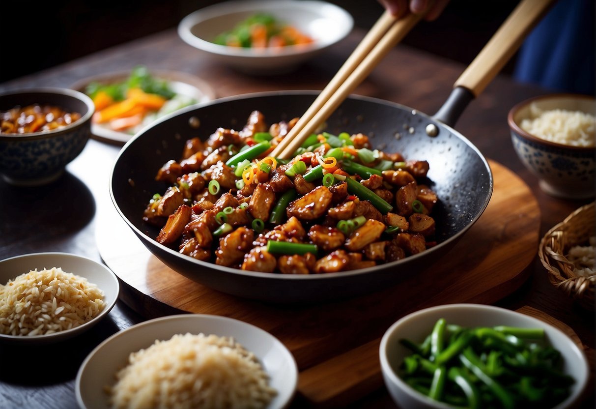 A wok sizzles as chicken gizzards are stir-fried with garlic, ginger, and soy sauce. Bowls of green onions, chili peppers, and sesame oil sit nearby for garnish