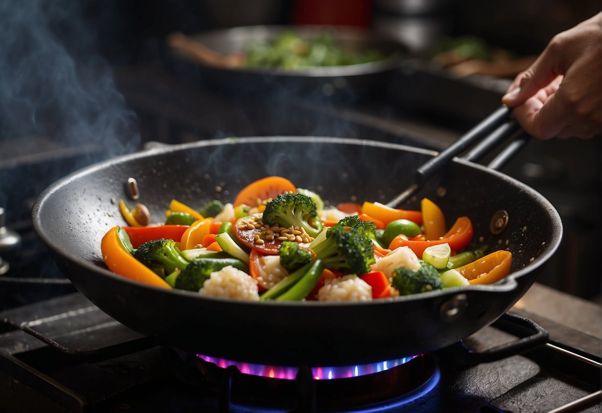 Stir-frying colorful vegetables in a sizzling wok, adding aromatic spices and sauces for a flavorful Chinese vegetarian fish dish