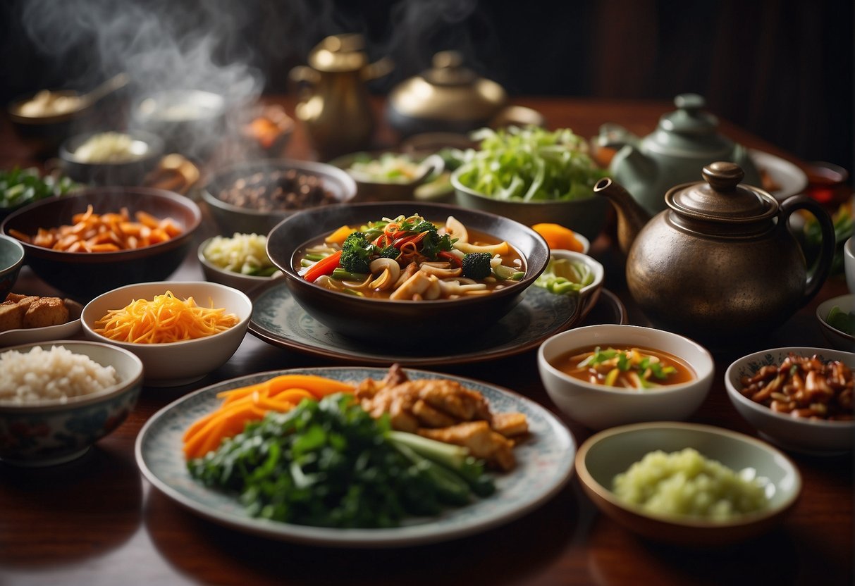 A table set with colorful array of Chinese vegetarian dishes, with steaming loh hon chai in the center, surrounded by various wine and tea pairings