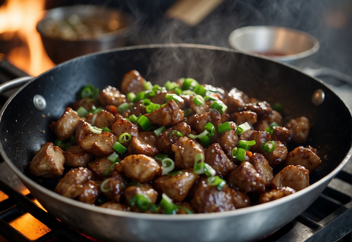 Chicken gizzards sizzle in a hot wok with ginger, garlic, and soy sauce. A chef tosses them with green onions and peppers, creating a savory aroma