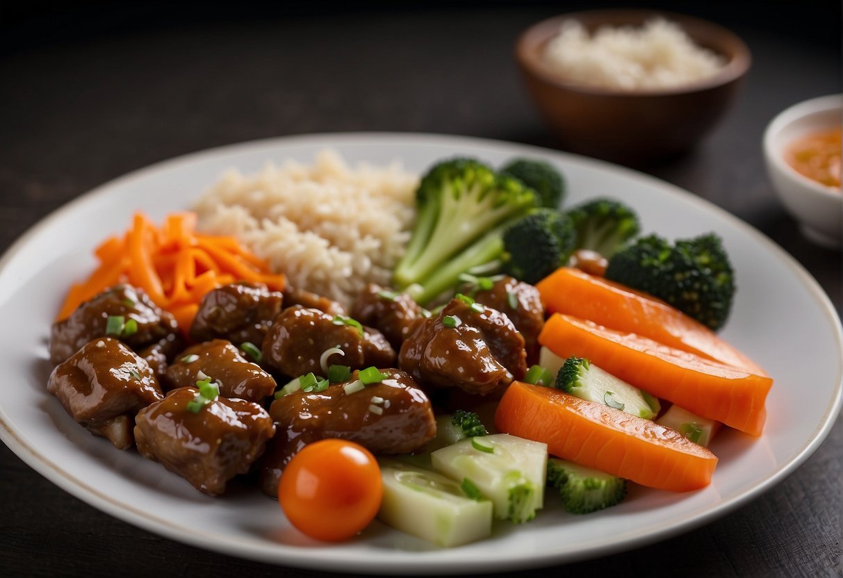 A plate of Chinese chicken gizzards with chopsticks and a side of steamed vegetables