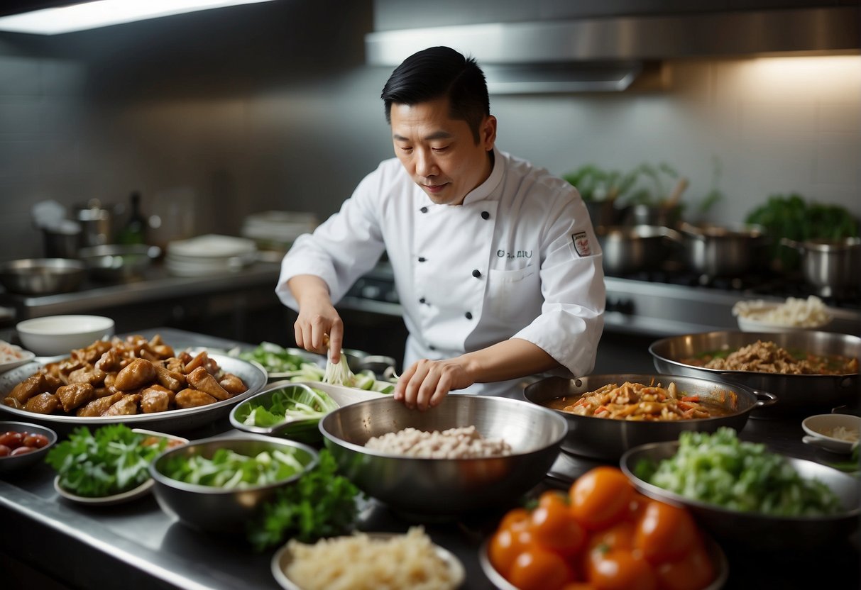 A Chinese chef preparing a popular chicken gizzard dish, surrounded by various ingredients and utensils in a bustling kitchen
