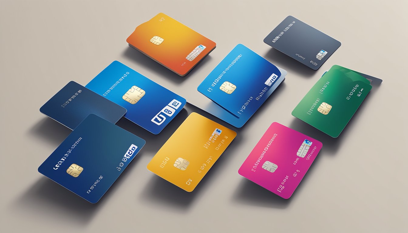 A lineup of UOB credit cards arranged neatly on a sleek, modern surface, with the UOB logo prominently displayed
