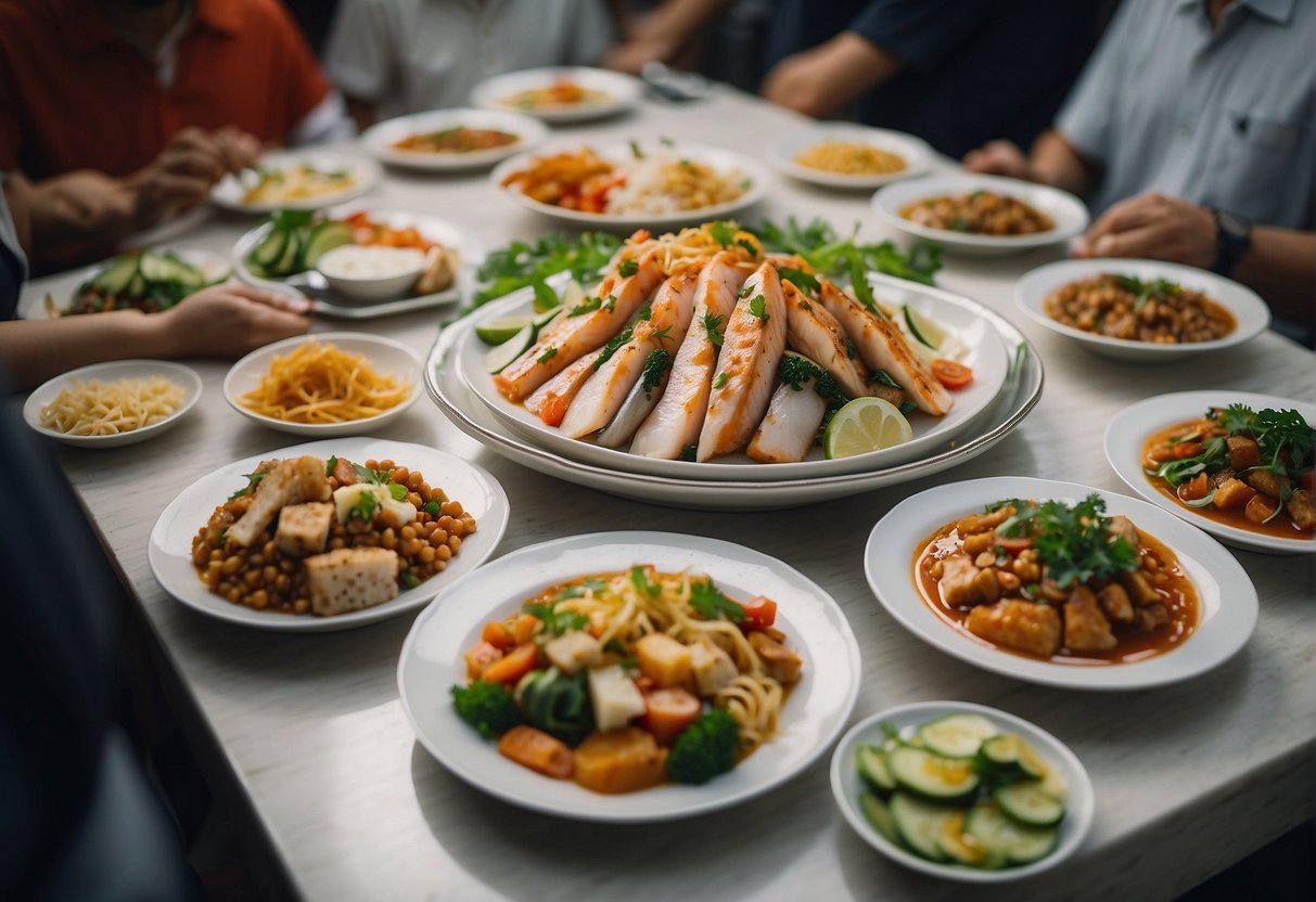 A table with various Chinese vegetarian fish dishes, surrounded by eager diners asking questions