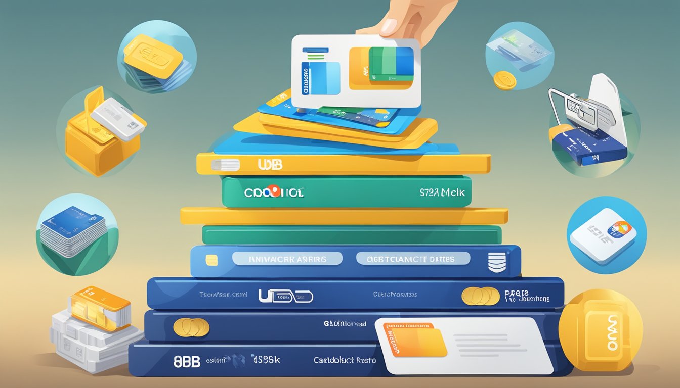 A stack of UOB credit cards with various rewards and benefits displayed, surrounded by icons representing cashback, travel perks, and lifestyle privileges
