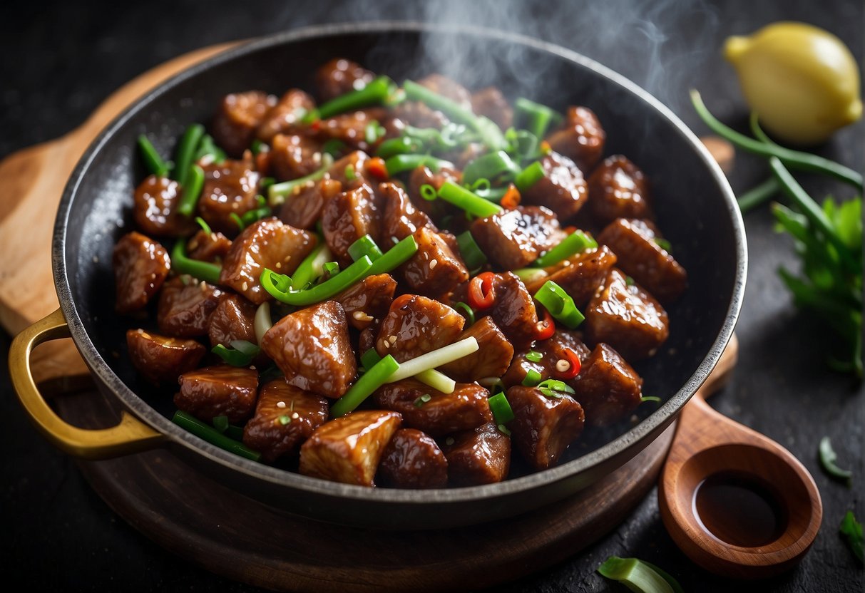 A wok sizzles as chicken hearts are stir-fried with ginger, garlic, and soy sauce. Green onions and chili peppers add color and heat to the aromatic dish