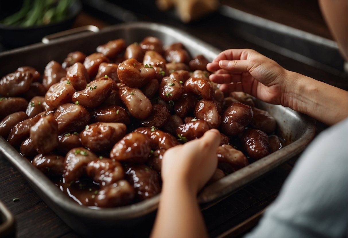 A hand reaches for chicken hearts, rinsing and patting dry before marinating in a Chinese recipe