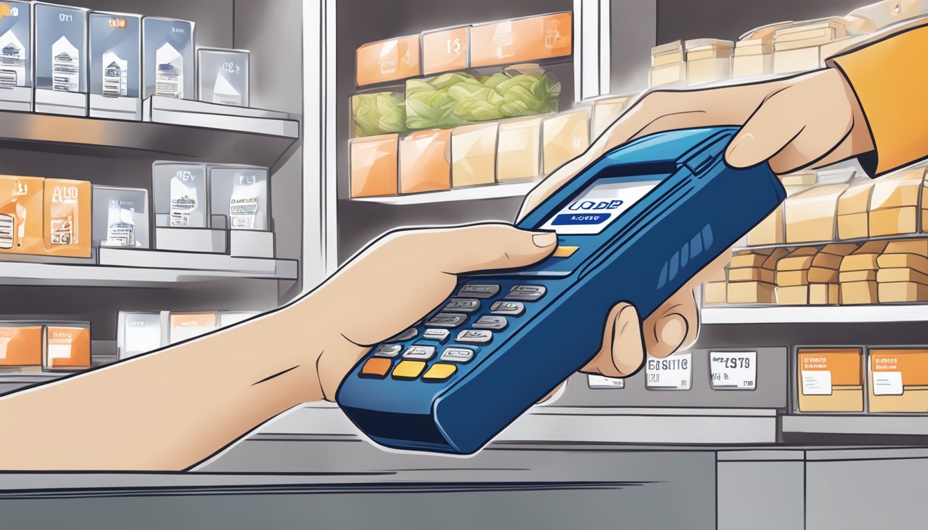 A hand swipes a UOB credit card at a Singaporean store, showcasing the convenience and benefits of card usage