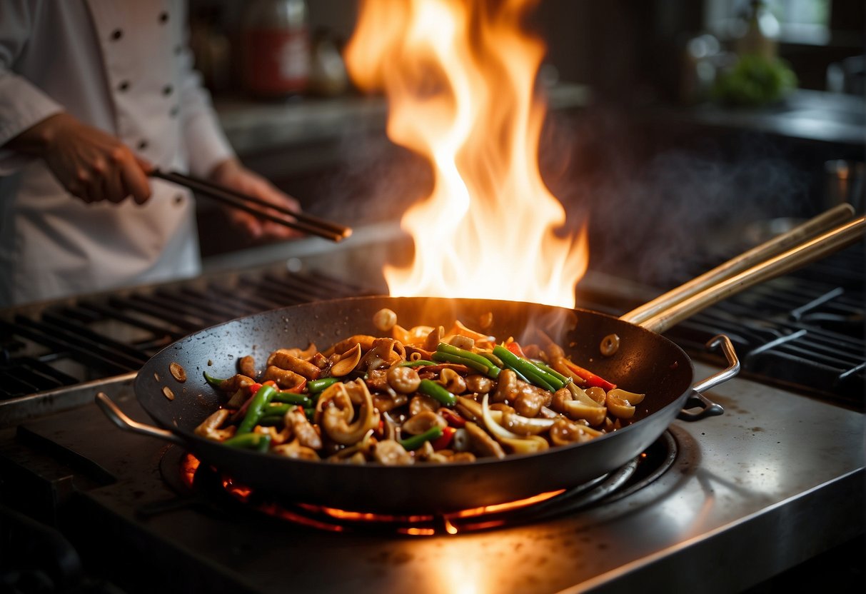 A wok sizzles over a flame, as a chef stir-fries chicken hearts with ginger, garlic, and soy sauce in a traditional Chinese kitchen