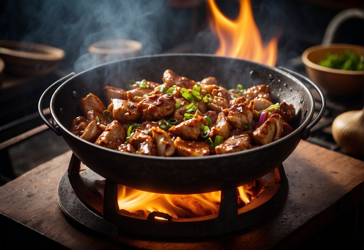 A sizzling wok filled with marinated chicken hearts, ginger, garlic, and soy sauce, emitting a tantalizing aroma of Chinese spices and herbs