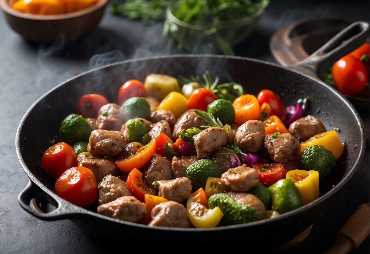 A colorful array of fresh vegetables and aromatic spices surround a sizzling pan of marinated chicken hearts, creating an enticing visual display for a Chinese-inspired chicken heart recipe