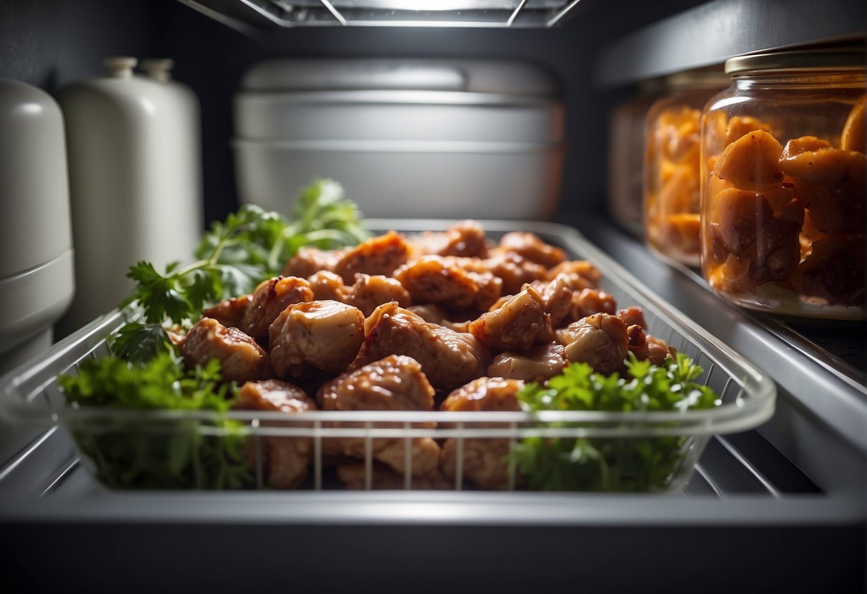 A container of marinated chicken hearts sits in a refrigerator. A microwave oven is shown with the container inside, ready for reheating