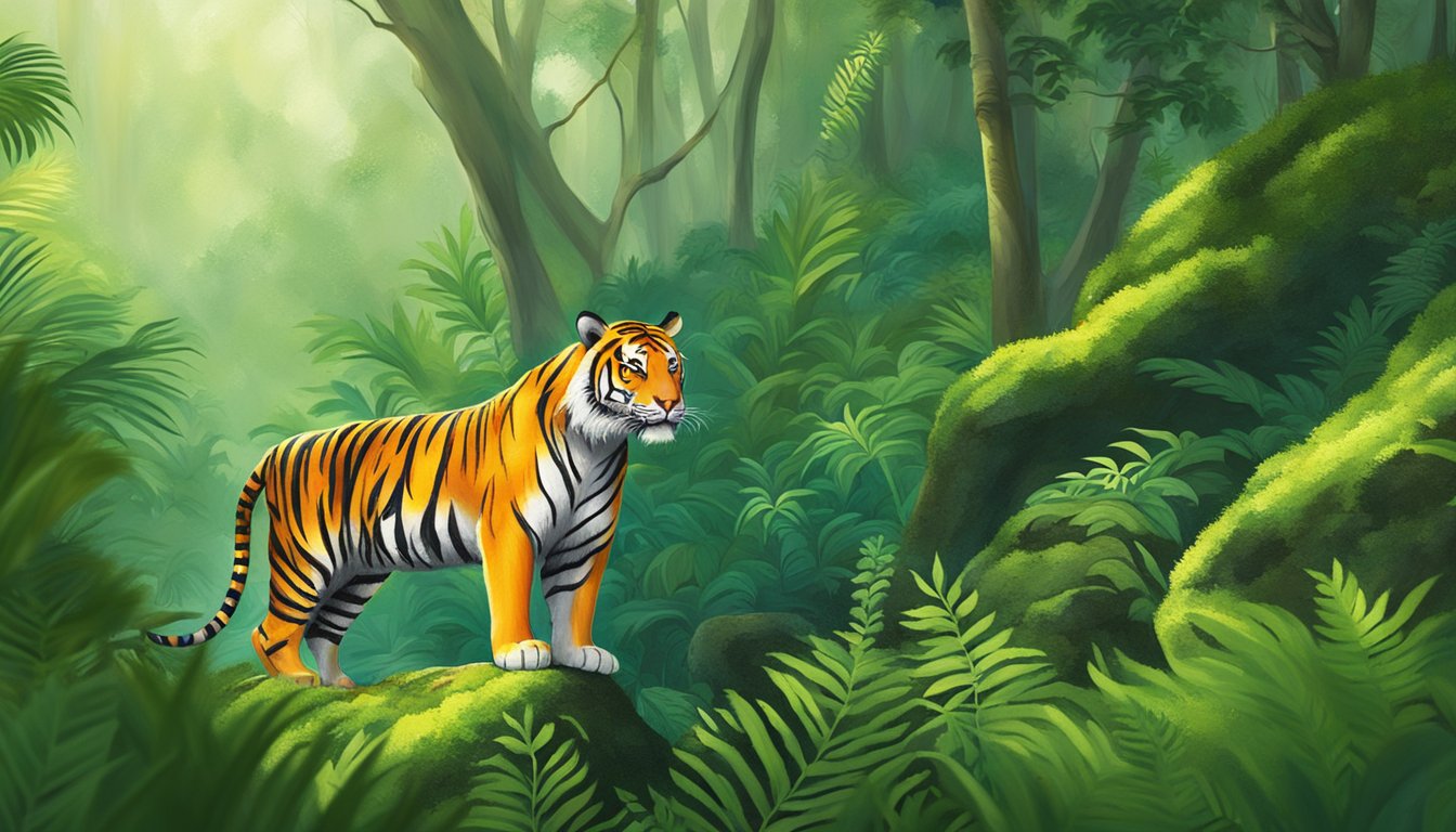A tiger brand flask sits on a mossy rock in a lush jungle clearing. Sunlight filters through the dense foliage, casting dappled shadows on the vibrant green surroundings