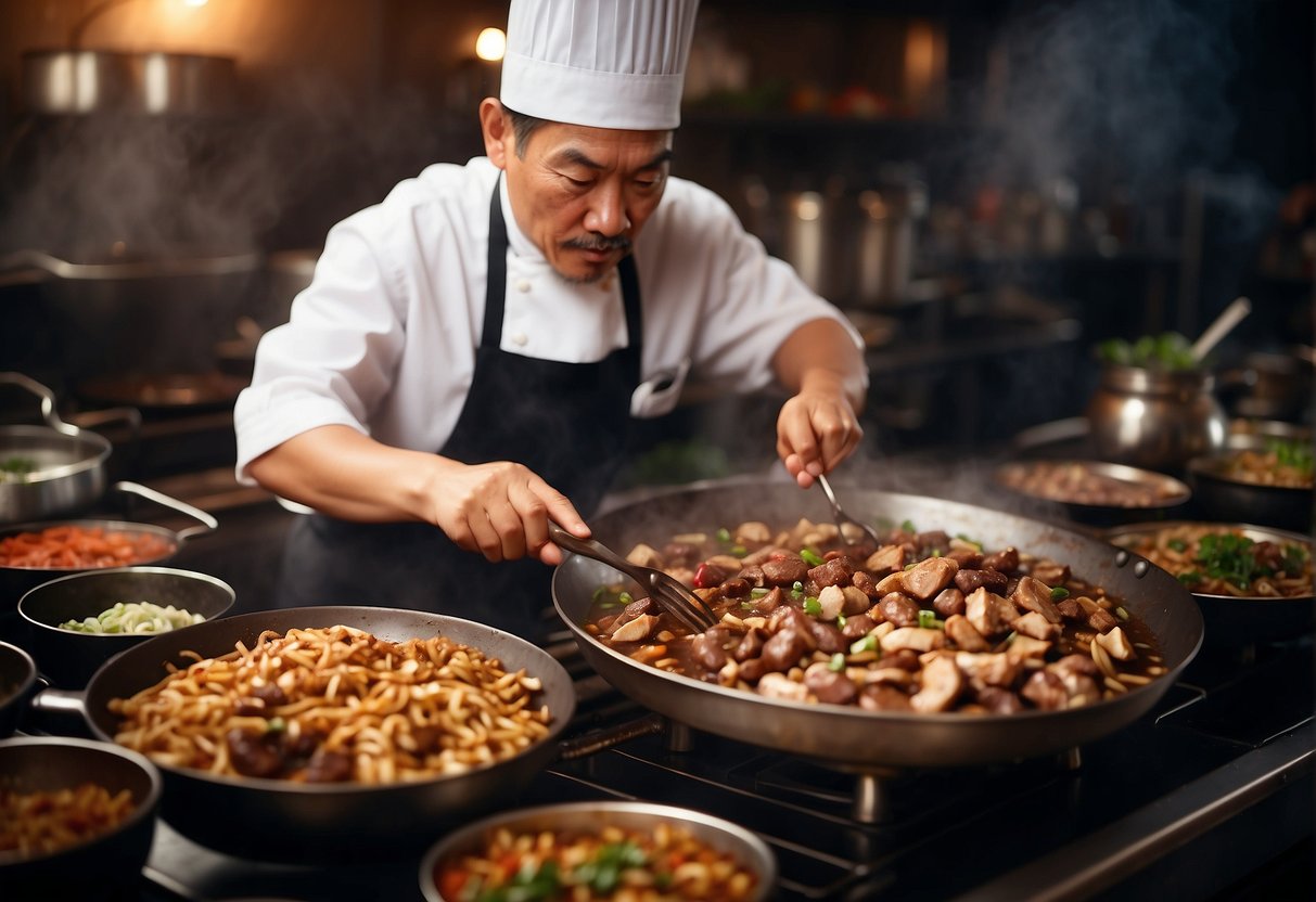 A chef stirring a wok filled with sizzling chicken heart pieces, surrounded by various Chinese cooking ingredients and utensils
