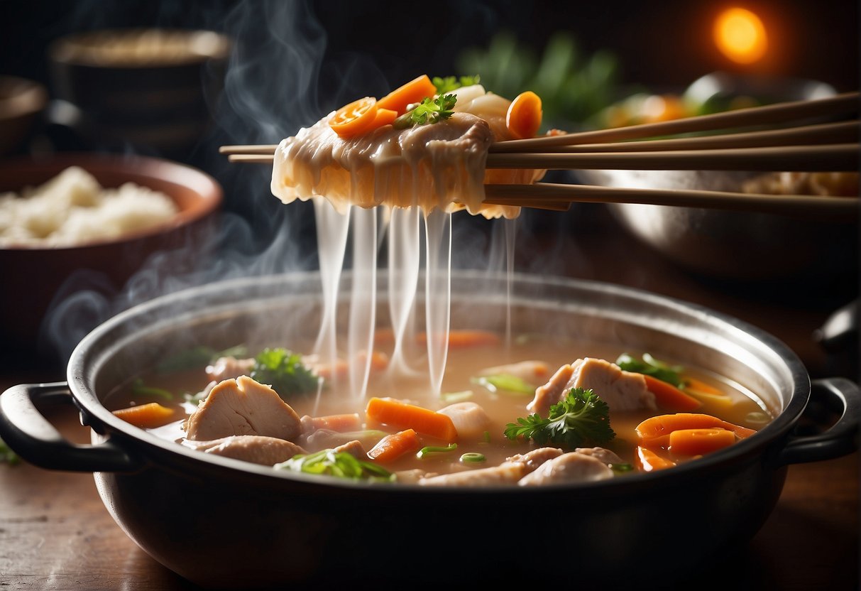 A bubbling pot of Chinese chicken hotpot, filled with tender meat, vegetables, and aromatic broth. Steam rises from the pot, and chopsticks hover nearby