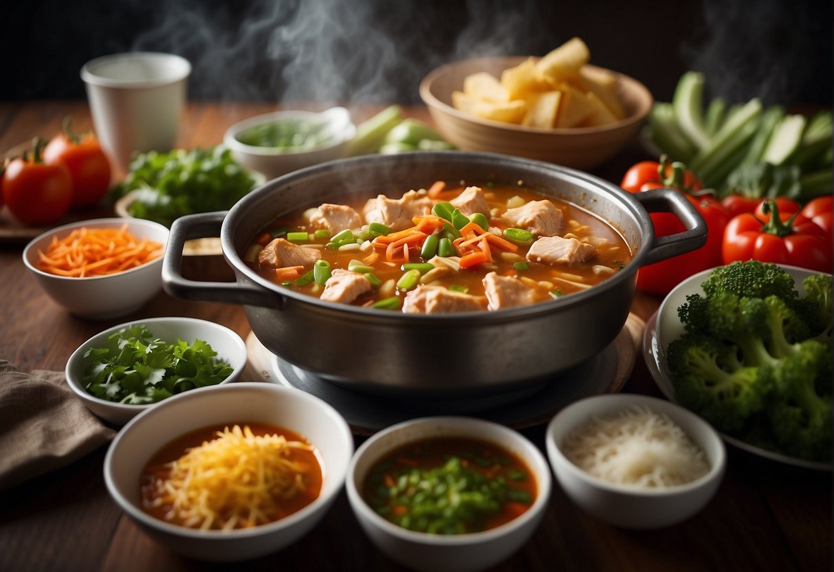 A bubbling pot of spicy chicken hotpot surrounded by fresh vegetables and dipping sauces