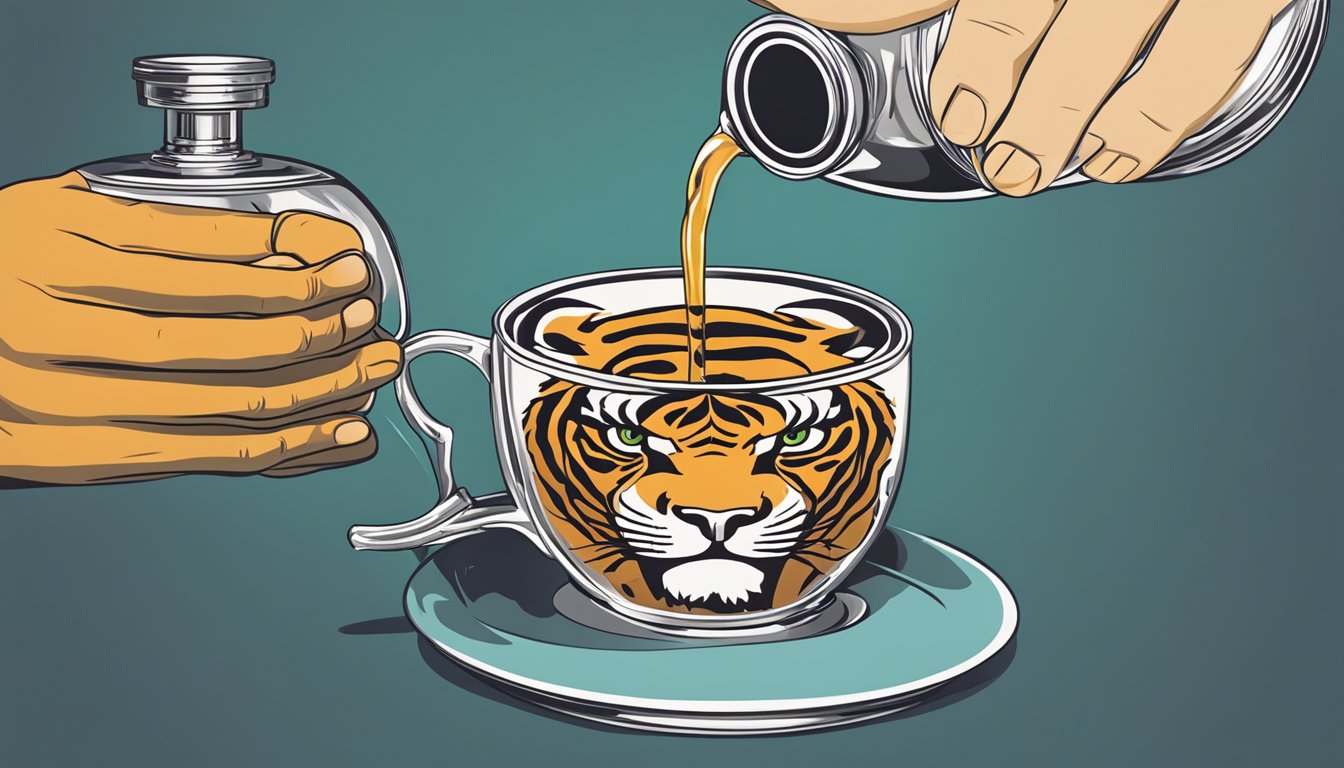 A hand pours liquid from a Tiger brand flask into a cup