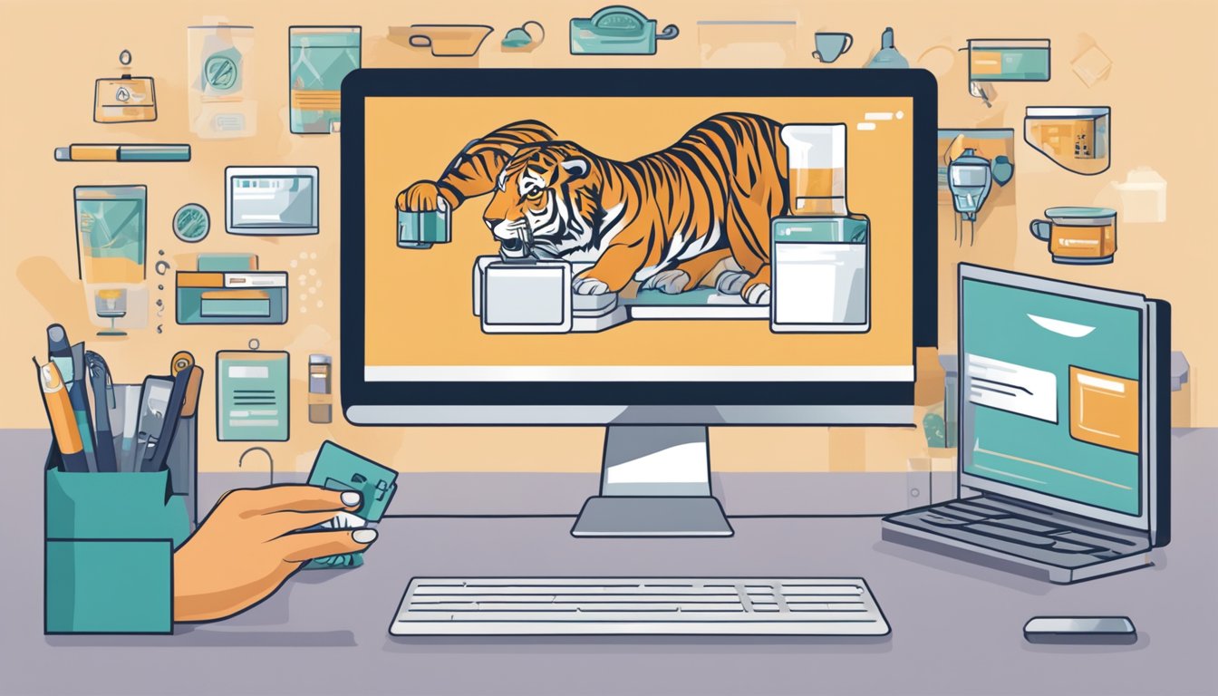 A hand reaches for a tiger brand flask on a computer screen, surrounded by various online shopping options