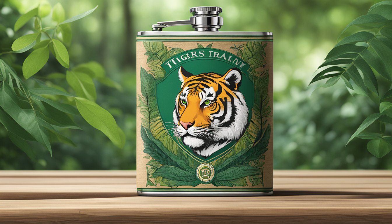 A tiger brand flask sits on a rustic wooden table, surrounded by lush green foliage and a serene natural setting