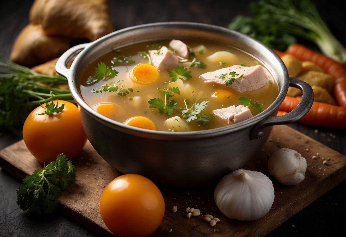 A pot of simmering chicken broth with aromatic spices and herbs, surrounded by fresh vegetables and raw chicken pieces