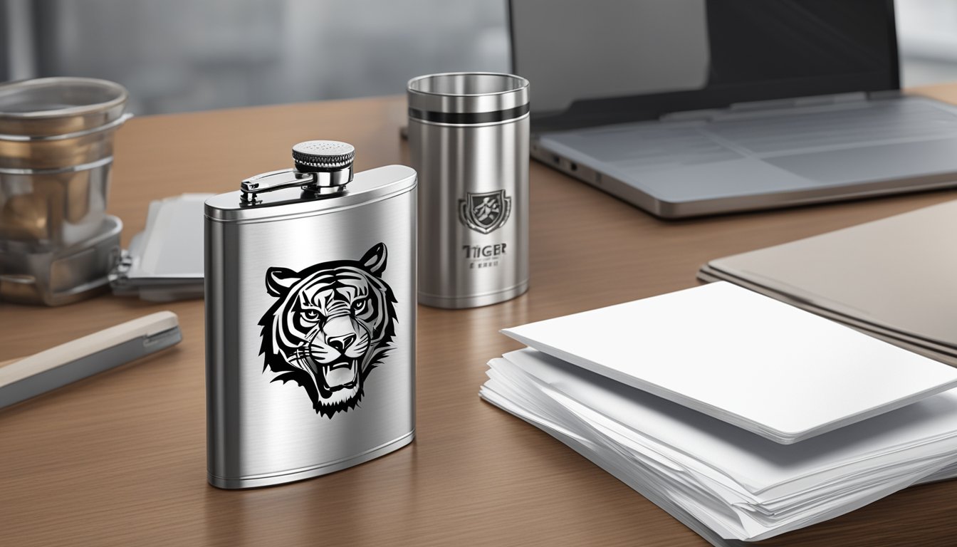 A tiger brand flask sits on a table, surrounded by a stack of papers and a laptop. The logo is prominently displayed on the sleek metal surface