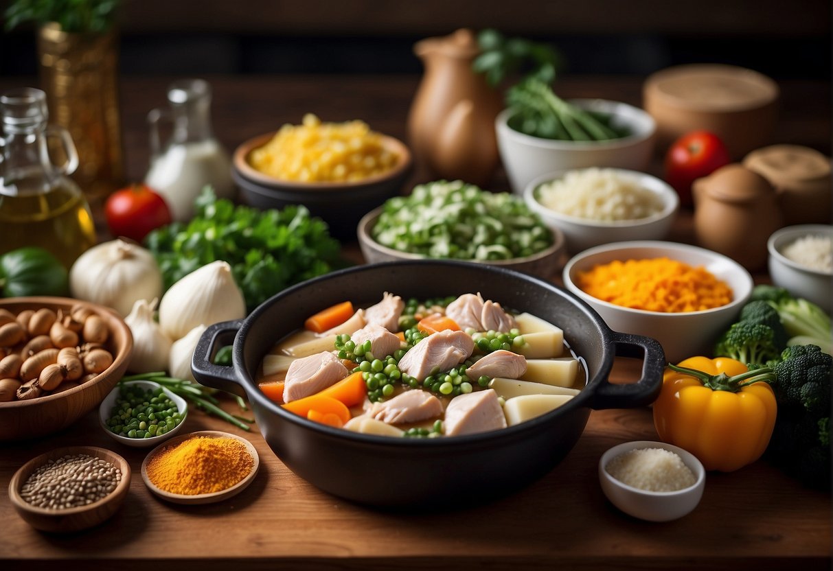 Ingredients arranged on a clean, organized kitchen counter for a Chinese chicken hotpot recipe. Chicken, vegetables, spices, and broth ready for preparation