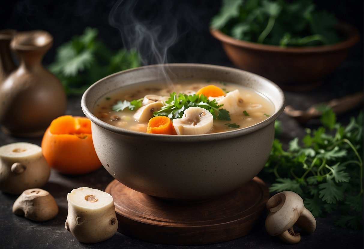 A steaming pot of Chinese vegetarian lotus root soup with floating slices of lotus root, carrots, and mushrooms, garnished with fresh cilantro leaves