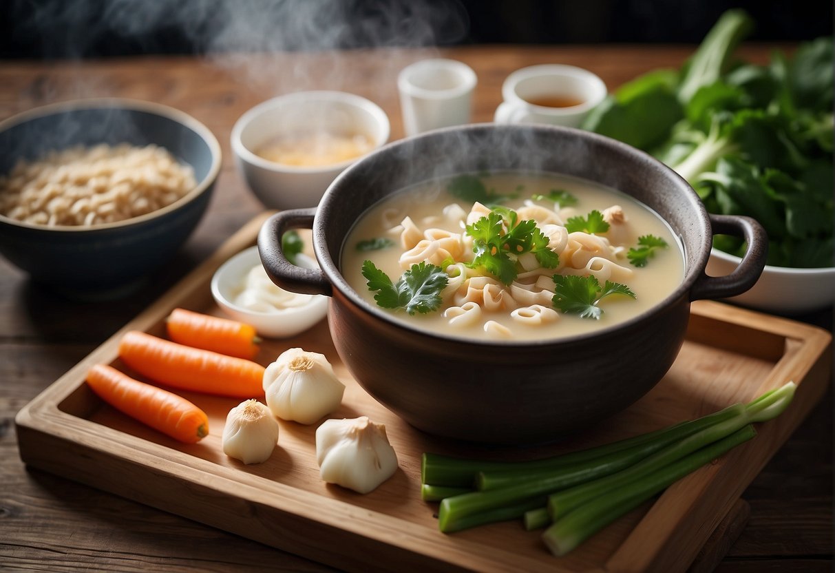 A steaming pot of Chinese vegetarian lotus root soup sits on a wooden table, surrounded by fresh vegetables and traditional cooking utensils