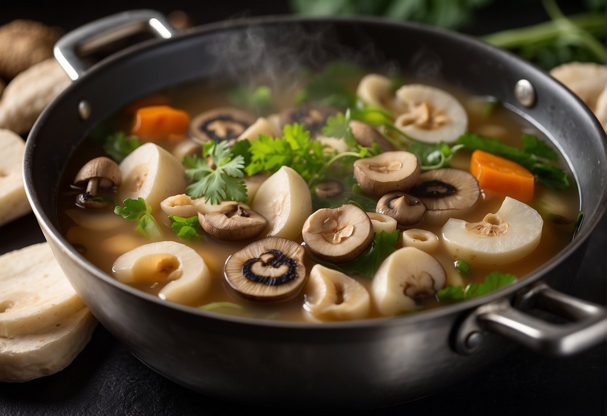 A pot simmering with lotus root, mushrooms, and vegetables in a fragrant broth. Ingredients like ginger, garlic, and soy sauce are arranged nearby