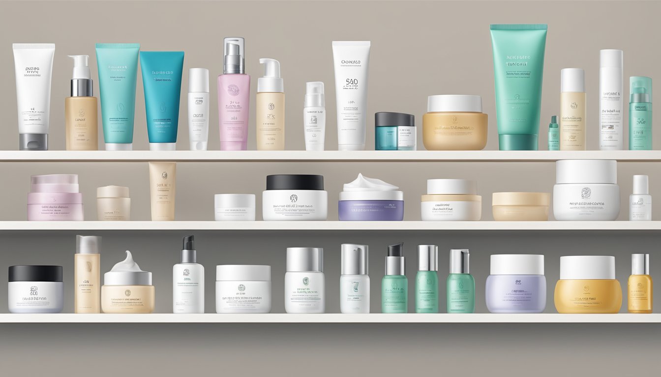 A display of top Korean skincare brands arranged on a clean, minimalist shelf with sleek, modern packaging