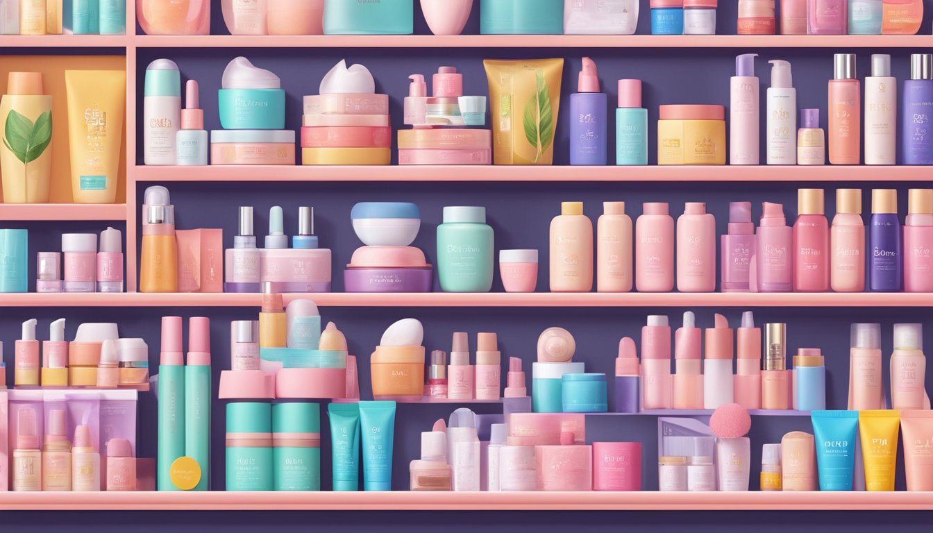 A display of popular K-beauty brands, with bright and colorful packaging arranged neatly on shelves. The products are arranged in a clean and modern setting, with soft lighting highlighting their features