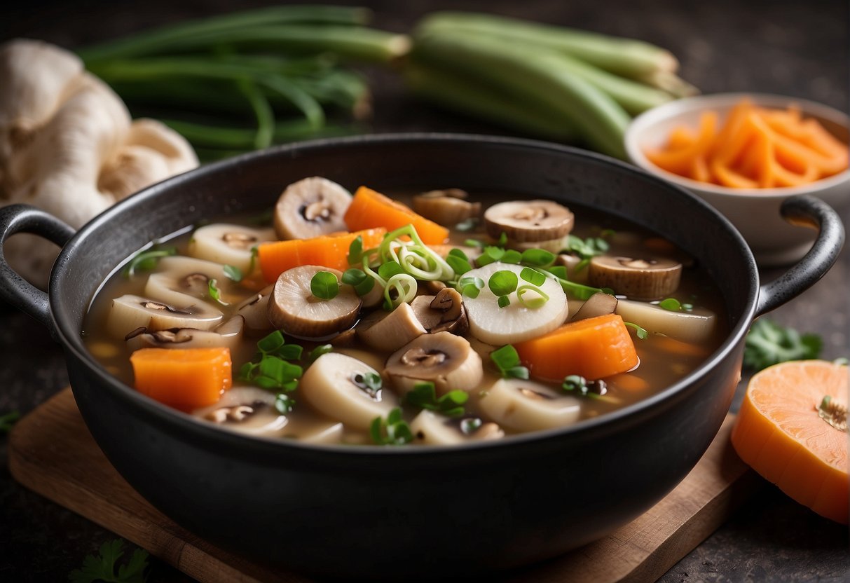 A pot simmers with sliced lotus root, carrots, and mushrooms in a fragrant broth. A sprinkle of green onions floats on the surface