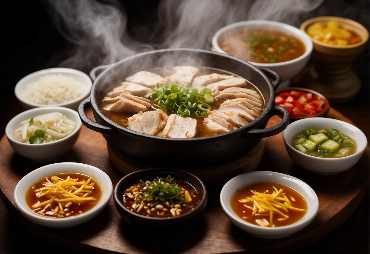 A variety of dipping sauces and condiments surround a steaming Chinese chicken hotpot recipe