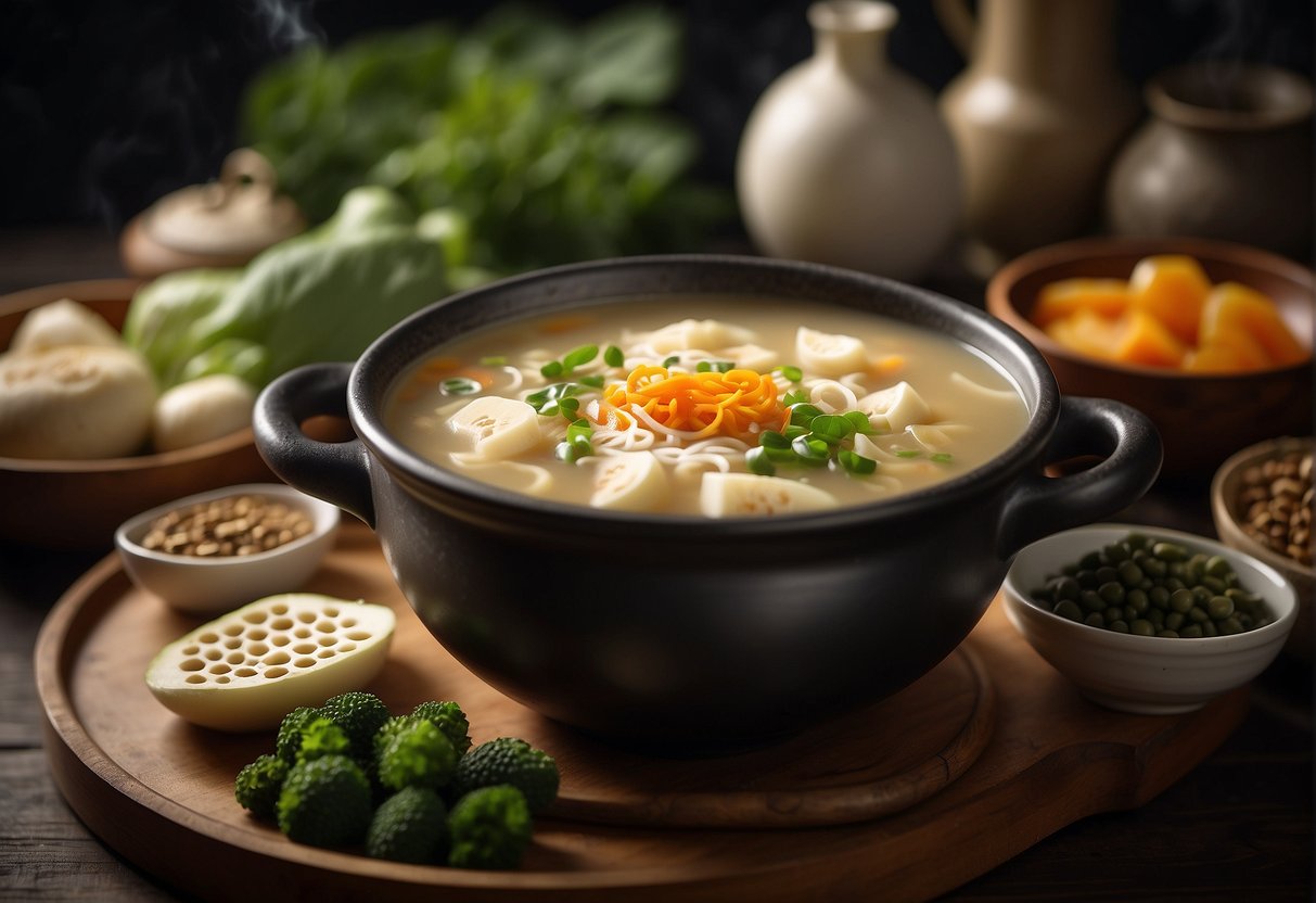 A steaming pot of Chinese vegetarian lotus root soup surrounded by fresh ingredients and a handwritten nutritional information label