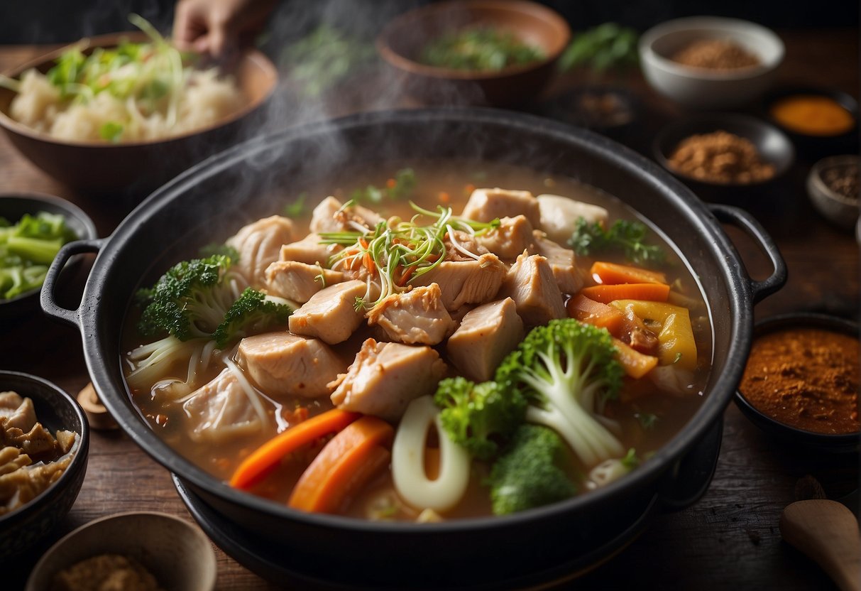 A steaming hotpot filled with tender chicken, fresh vegetables, and aromatic spices, surrounded by eager diners with chopsticks in hand