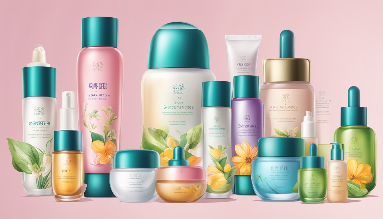 A table displays various Korean skincare products: toners, essences, serums, and moisturizers. Brightly colored packaging and exotic ingredients are prominent