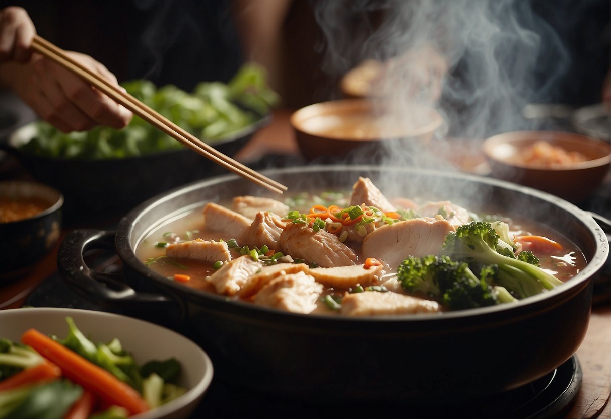 A steaming hotpot filled with tender chicken, fresh vegetables, and fragrant Chinese spices, surrounded by eager diners with chopsticks in hand