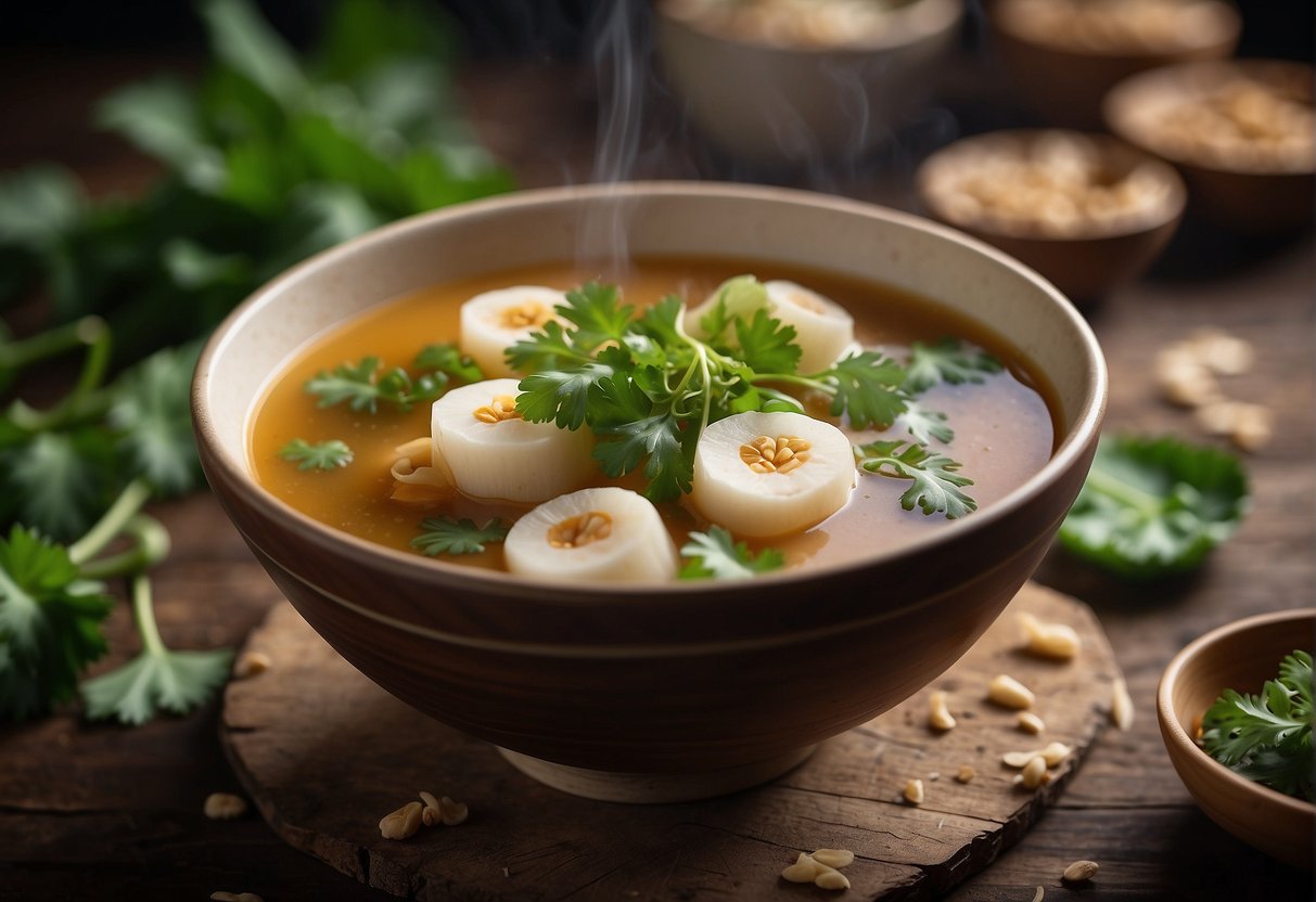 A steaming bowl of Chinese vegetarian lotus root soup sits on a rustic wooden table, garnished with fresh cilantro and sliced lotus root