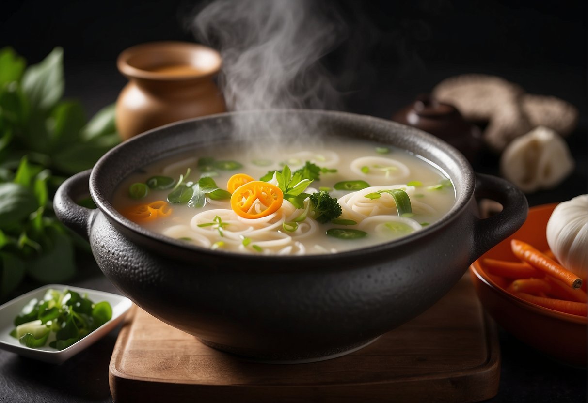 A steaming pot of Chinese vegetarian lotus root soup surrounded by fresh ingredients and a recipe book