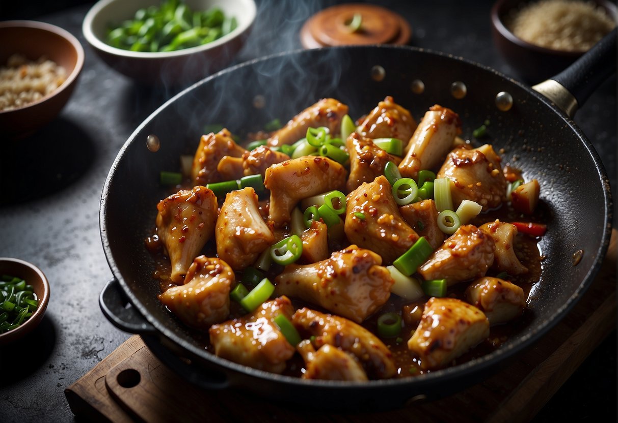 A wok sizzles with marinated chicken legs, stir-frying in a savory Chinese sauce with ginger, garlic, and green onions
